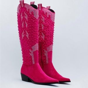 Nasty Gal Faux Suede Studded Rhinestone Fuchsia Cowboy Western Boots. NWT.